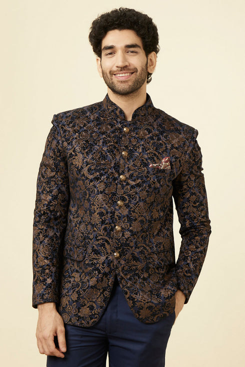 Manyavar Midnight Blue Bel Buti Patterned Suit