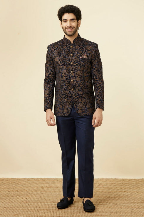 Manyavar Midnight Blue Bel Buti Patterned Suit