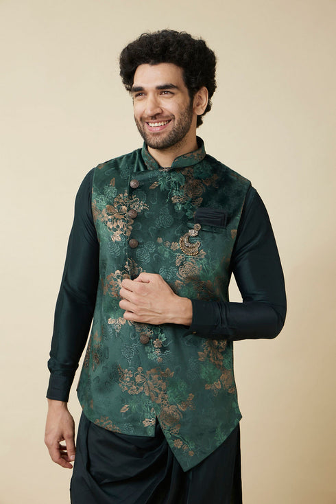 Manyavar Hunter Green Floral Patterned Jacket Set