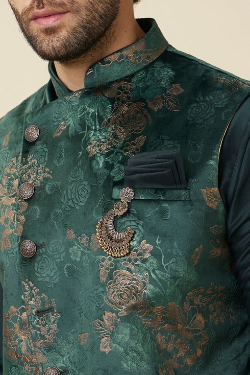 Manyavar Hunter Green Floral Patterned Jacket Set