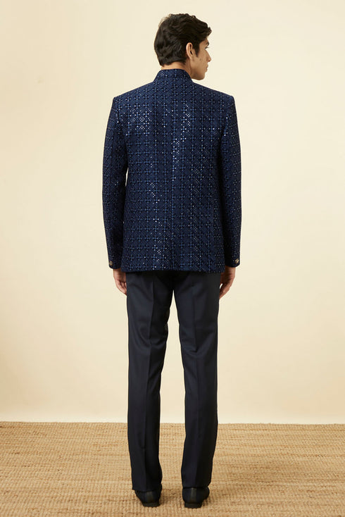 Manyavar Royal Blue Grid Patterned Sequined Suit
