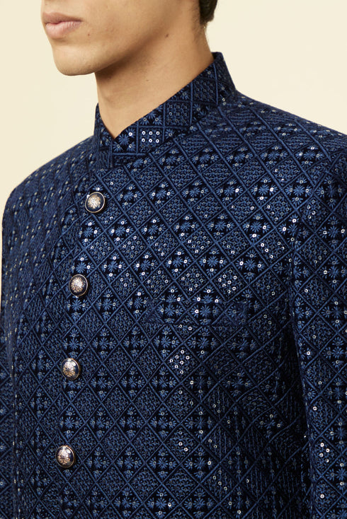 Manyavar Royal Blue Grid Patterned Sequined Suit