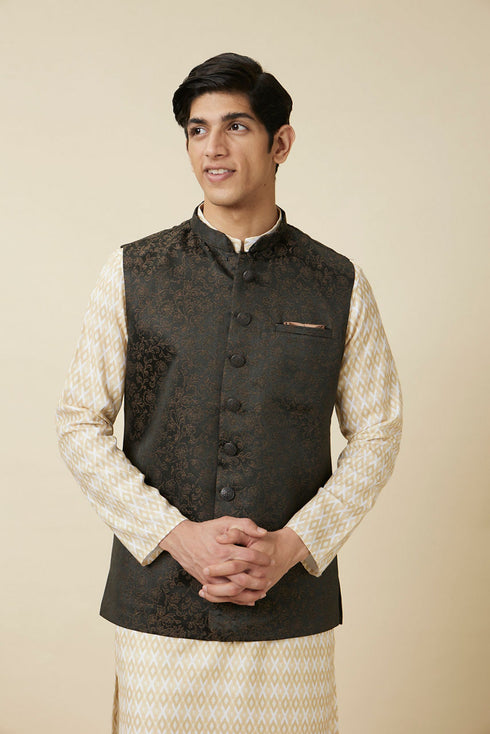 Manyavar Hunter Green Bel Buti Patterned Waistcoat