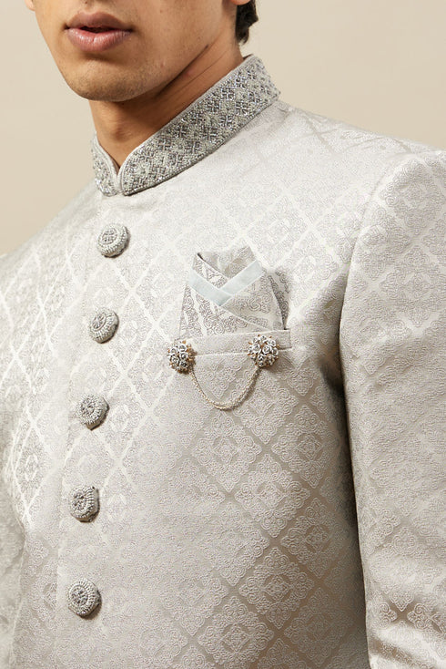 Manyavar Pearl River Grey Medallion Patterned Indo Western Set