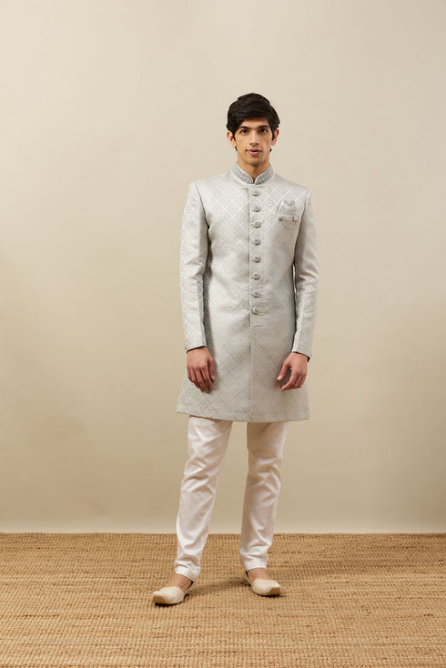 Manyavar Pearl River Grey Medallion Patterned Indo Western Set