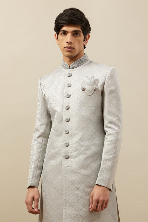 Manyavar Pearl River Grey Medallion Patterned Indo Western Set