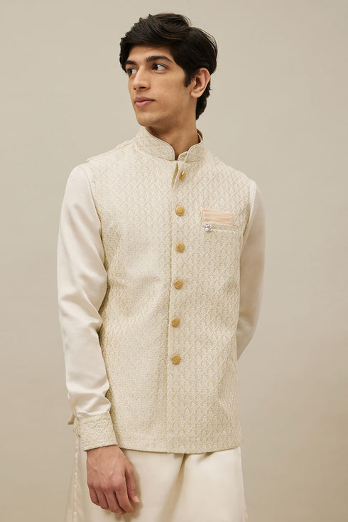 Manyavar Pearled Ivory White Ogee Patterned Jacket Set