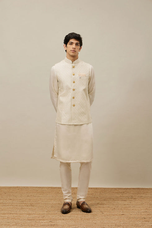 Manyavar Pearled Ivory White Ogee Patterned Jacket Set