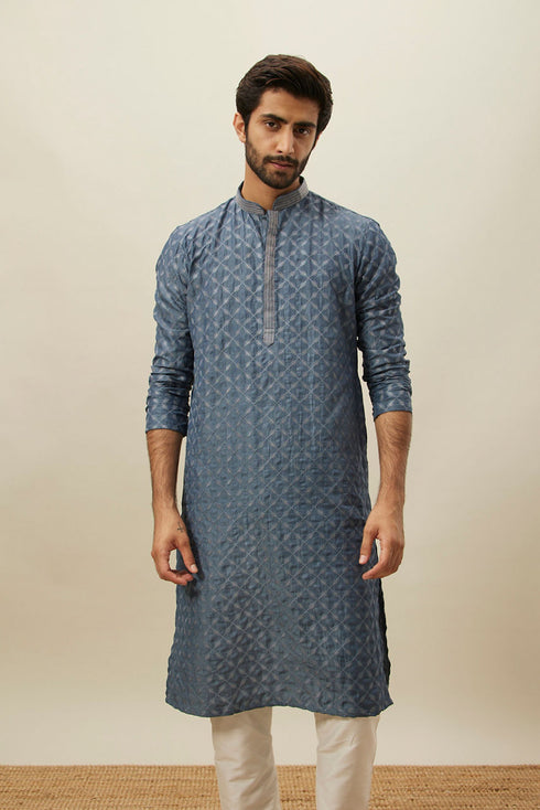 Manyavar Slate Blue Self Patterend Kurta Set