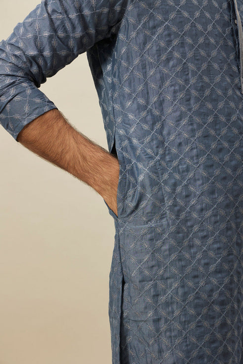 Manyavar Slate Blue Self Patterend Kurta Set