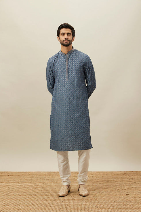 Manyavar Slate Blue Self Patterend Kurta Set