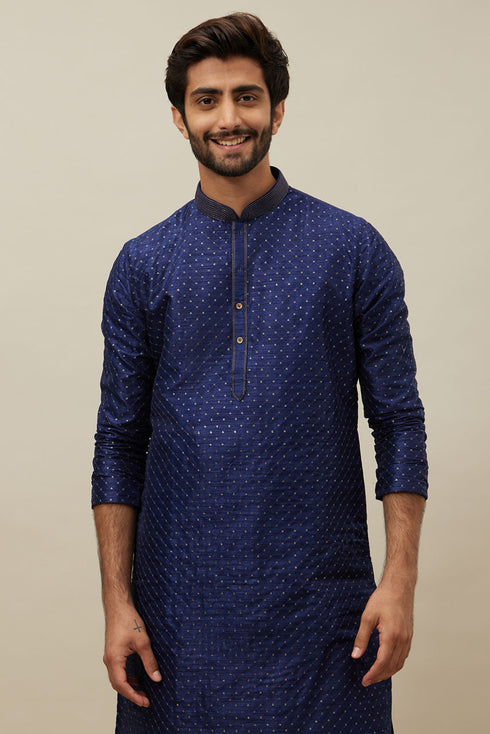 Manyavar Midnight Sapphire Blue Self Patterned Kurta Set