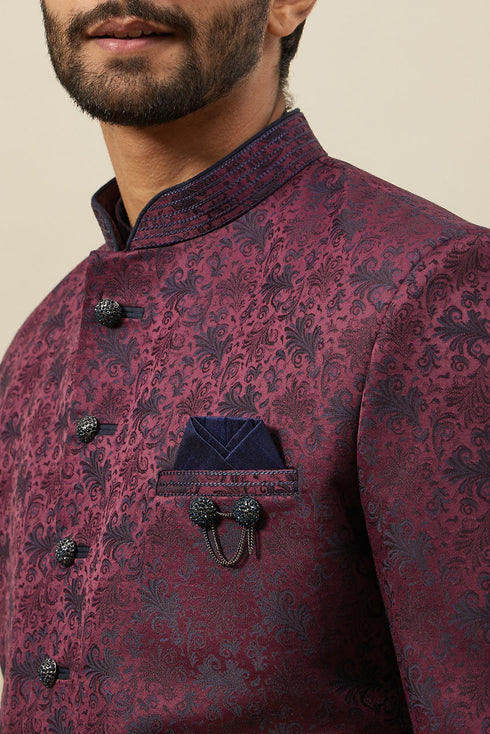 Manyavar Cabernet Wine Twilight Blue Botanical Patterned Indo Jacket Set