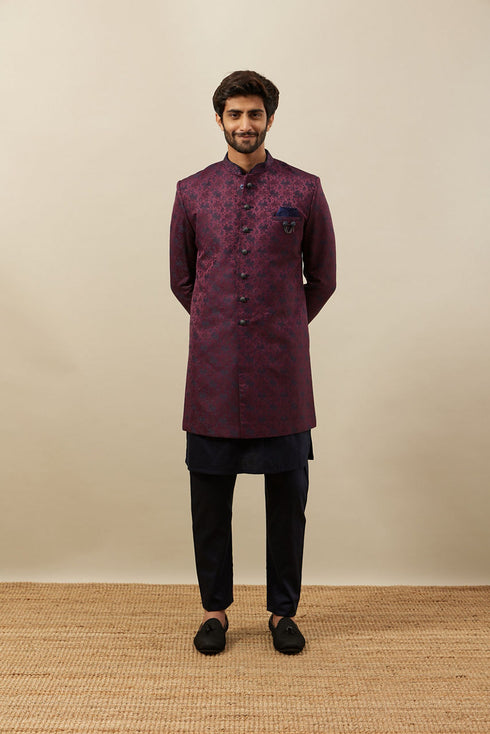 Manyavar Cabernet Wine Twilight Blue Botanical Patterned Indo Jacket Set