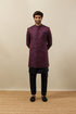 Manyavar Cabernet Wine Twilight Blue Botanical Patterned Indo Jacket Set