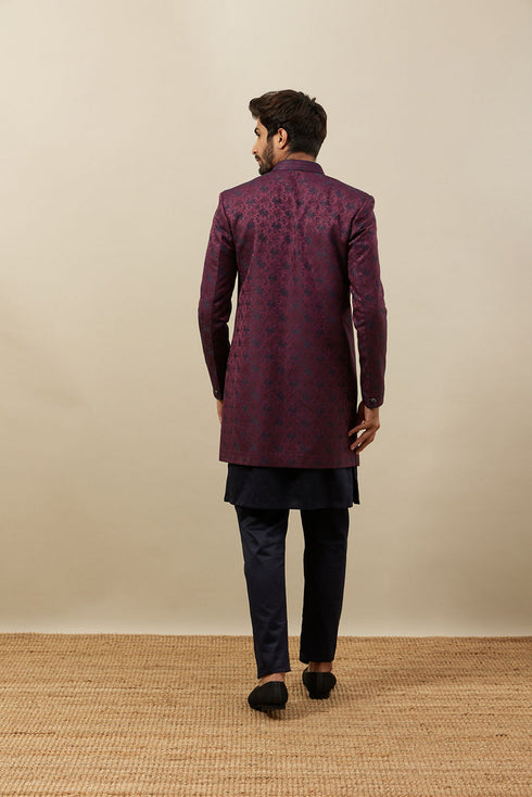 Manyavar Cabernet Wine Twilight Blue Botanical Patterned Indo Jacket Set