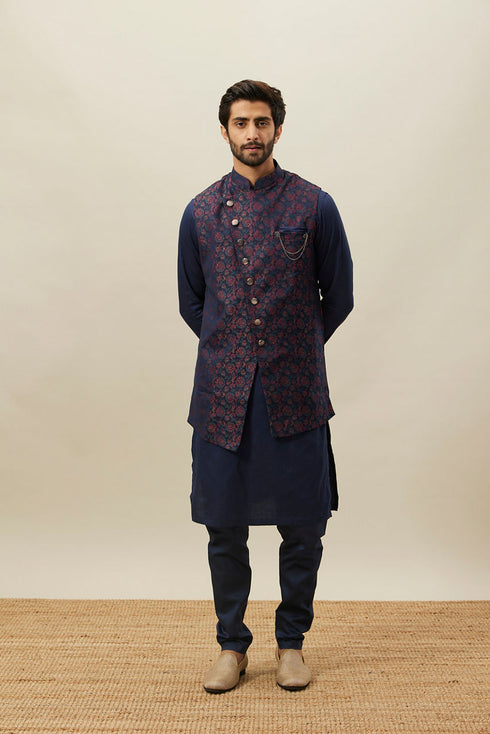Manyavar Twilight Blue Floral Angrakha Style Kurta Jacket Set