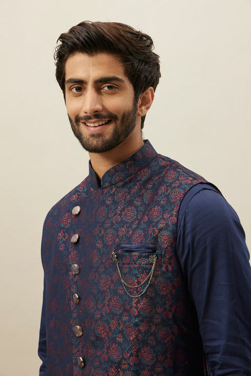 Manyavar Twilight Blue Floral Angrakha Style Kurta Jacket Set