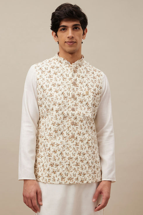 Manyavar Ivory White Floral Printed Jacket