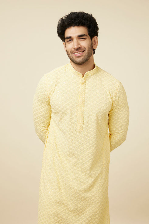 Manyavar Crayola Yellow Floral Chikankari Embroidered Kurta Set