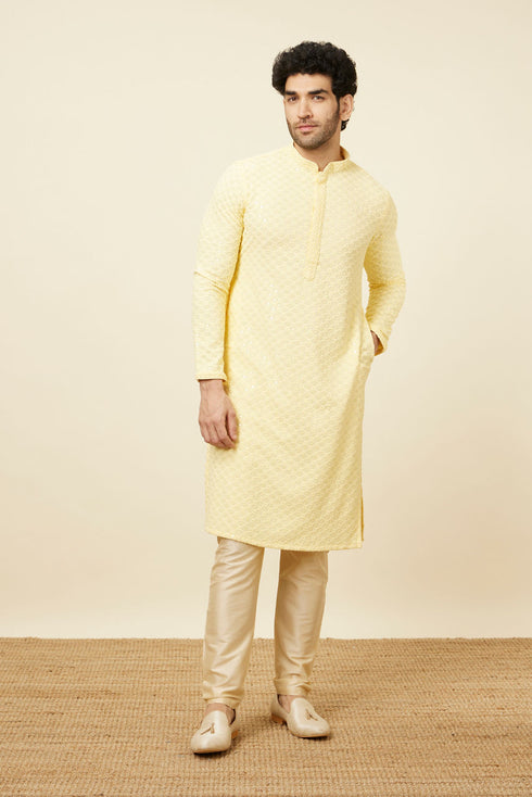 Manyavar Crayola Yellow Floral Chikankari Embroidered Kurta Set
