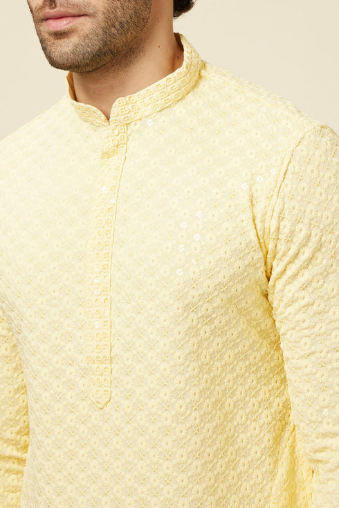 Manyavar Crayola Yellow Floral Chikankari Embroidered Kurta Set