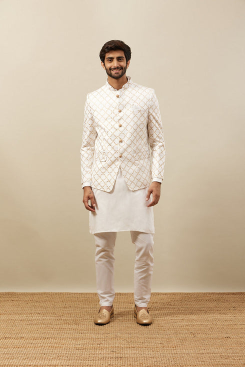Manyavar Bright White Trellis Patterned Indo Western Set
