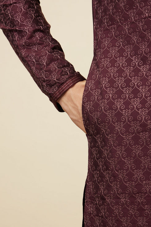 Manyavar Windsor Wine Kurta Set with Ogee Floral Prints