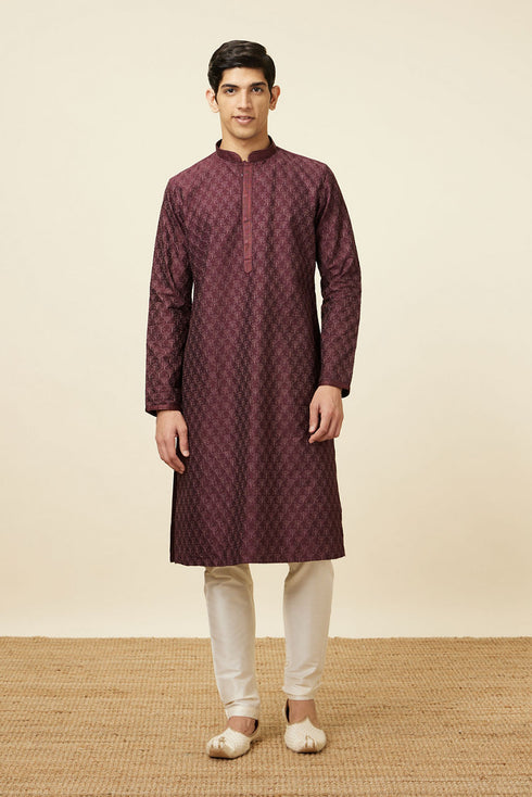 Manyavar Windsor Wine Kurta Set with Ogee Floral Prints