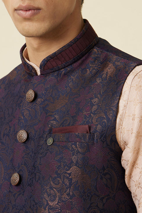 Manyavar Dark Sapphire Blue Bel Buti Patterned Waistcoat