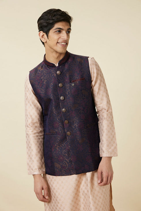 Manyavar Dark Sapphire Blue Bel Buti Patterned Waistcoat