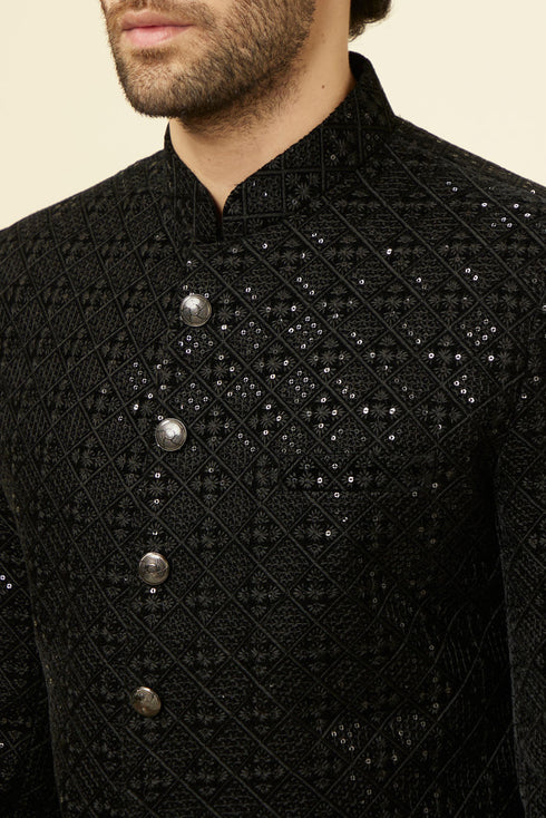 Manyavar Midnight Black Grid Patterned Sequined Suit