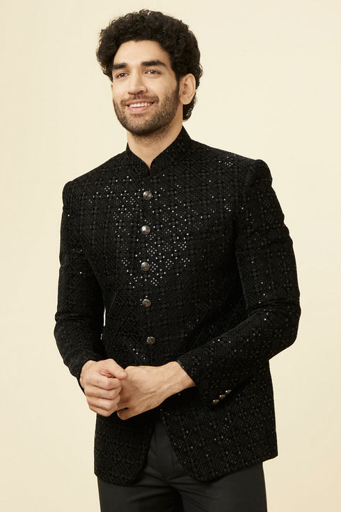 Manyavar Midnight Black Grid Patterned Sequined Suit