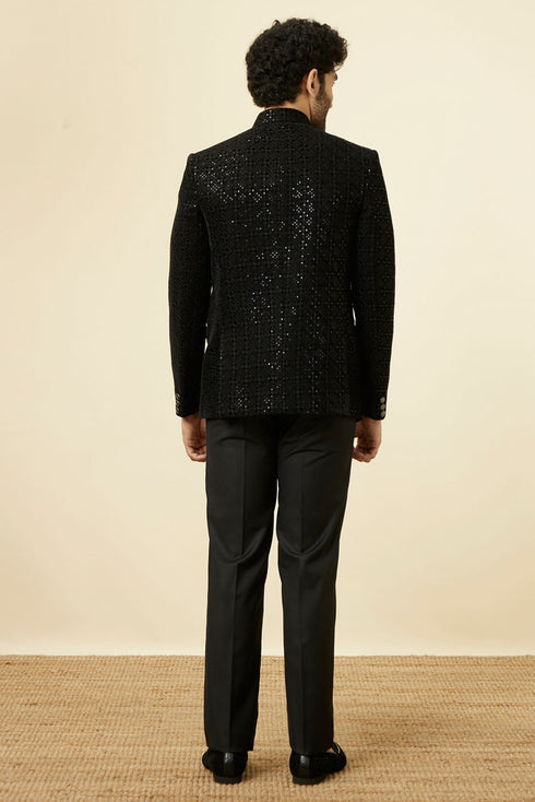 Manyavar Midnight Black Grid Patterned Sequined Suit