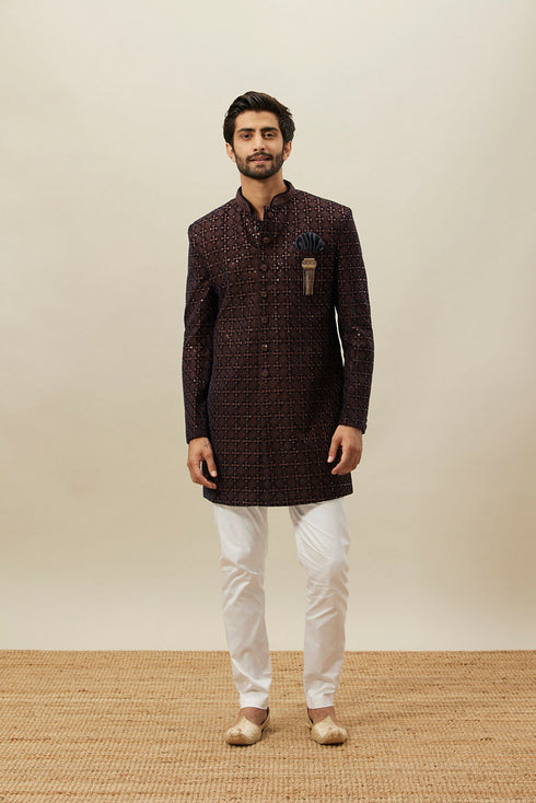 Manyavar Deep Mahogany Brown Geometric Patterned Indo Jacket