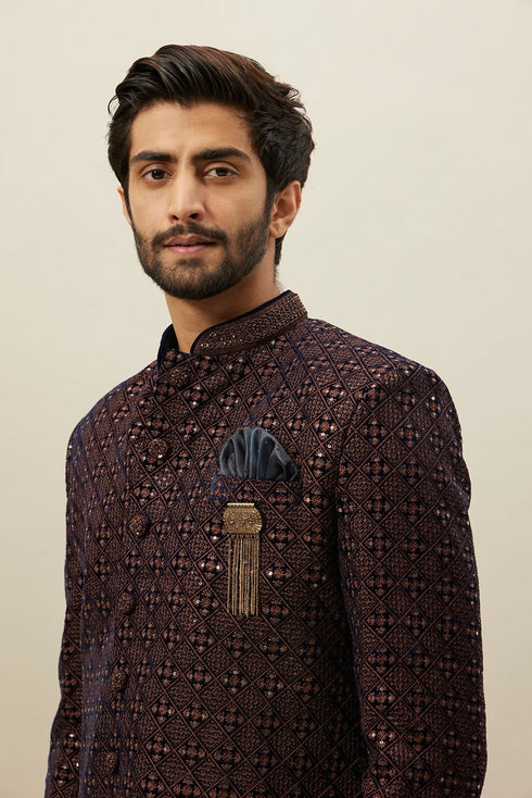 Manyavar Deep Mahogany Brown Geometric Patterned Indo Jacket