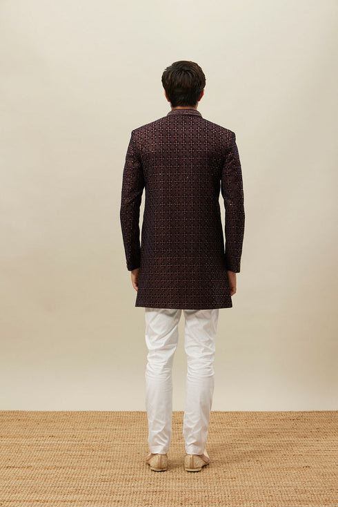 Manyavar Deep Mahogany Brown Geometric Patterned Indo Jacket