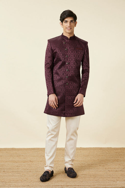Manyavar Mauve Wine Botanical Printed Indo Western Set