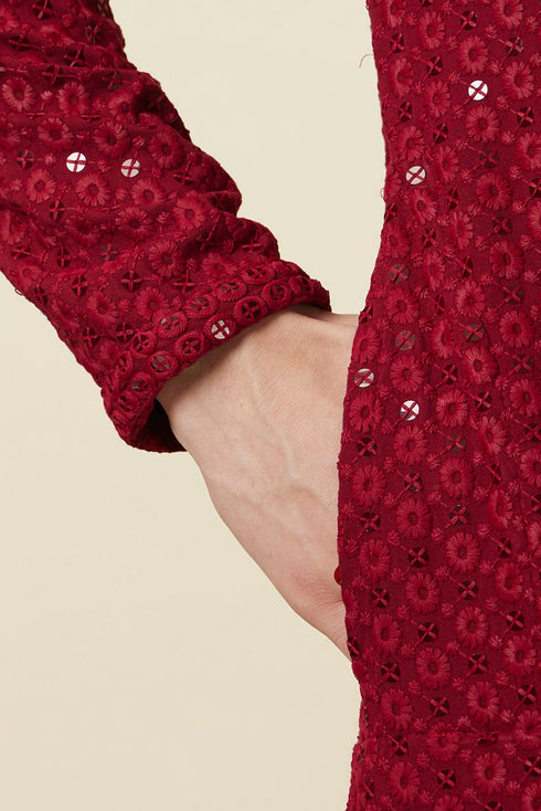 Manyavar Chilli Pepper Red Floral Chikankari Embroidered Kurta Set