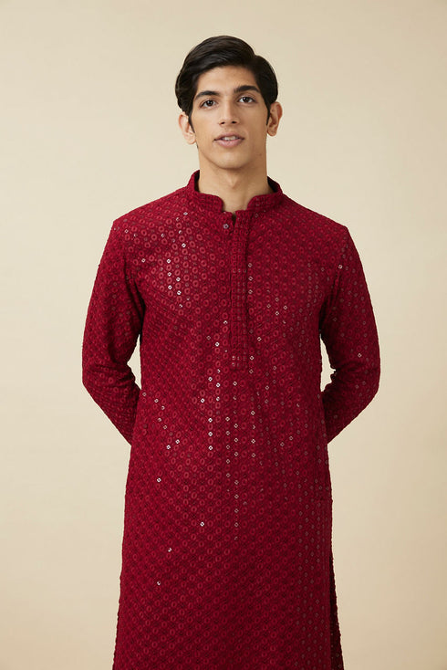 Manyavar Chilli Pepper Red Floral Chikankari Embroidered Kurta Set