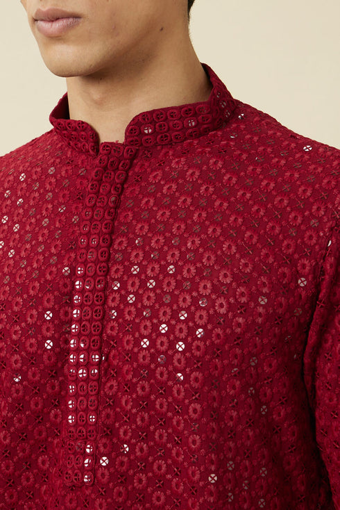 Manyavar Chilli Pepper Red Floral Chikankari Embroidered Kurta Set
