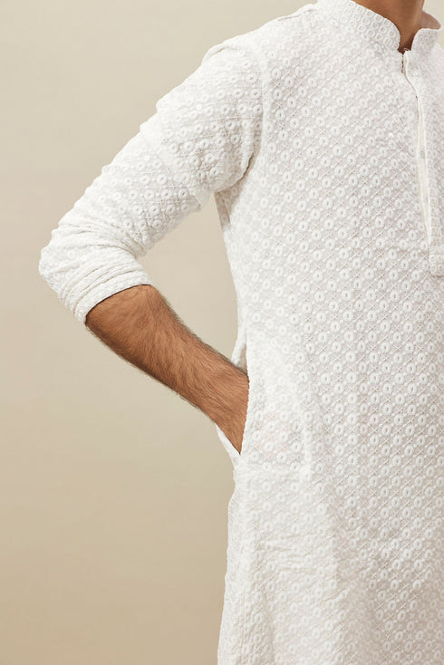 Manyavar Bright White Floral Chikankari Kurta Set