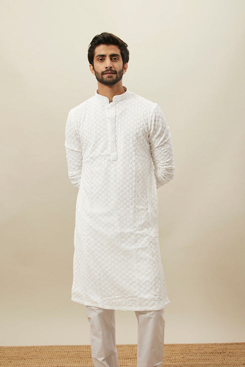 Manyavar Bright White Floral Chikankari Kurta Set