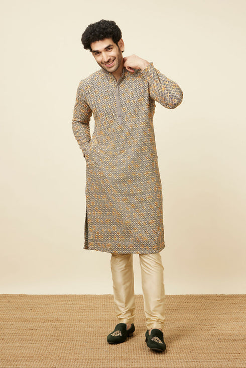 Manyavar Estate Blue Diamond Chikankari Patterned Kurta Set