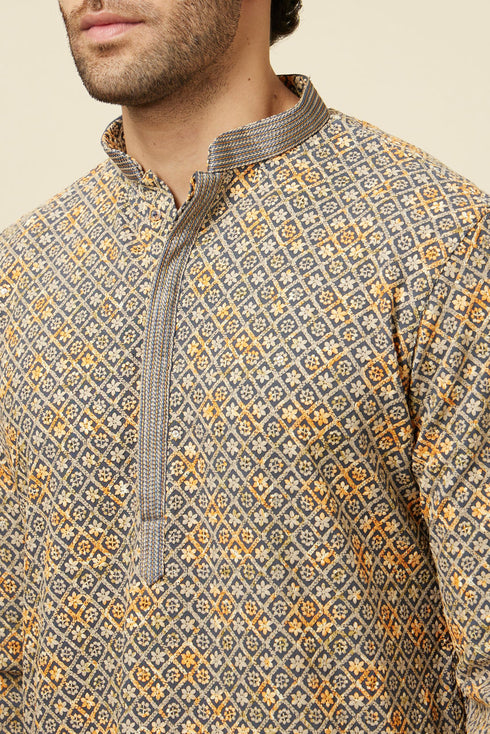 Manyavar Estate Blue Diamond Chikankari Patterned Kurta Set