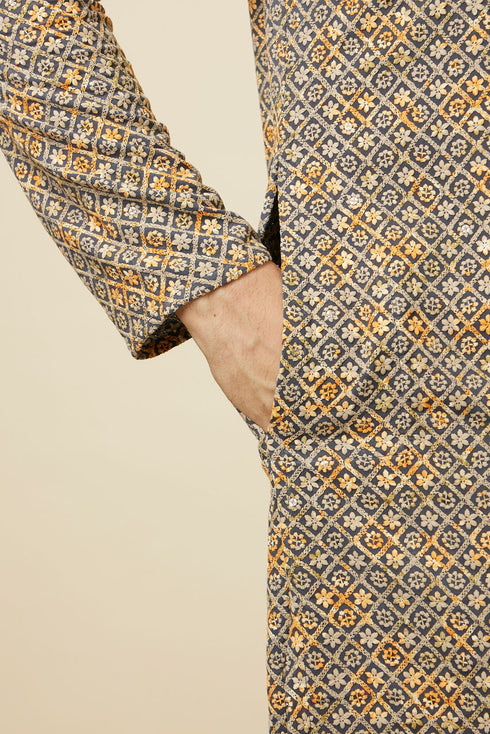Manyavar Estate Blue Diamond Chikankari Patterned Kurta Set
