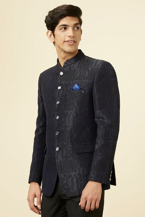 Manyavar Maritime Blue Botanical Patterned Suit