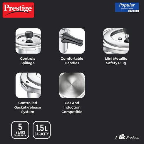 Prestige Svachh Popular Spillage Control Stainless Steel Pressure Cooker Silver 1.5 L