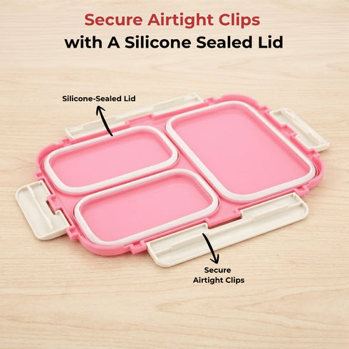 Vinod Stainless Steel Tiffin 3 Compartment Pink Airtight Silicone Sealed Lid Insulated Food Grade Steel Secure Side Clips
