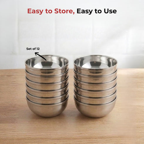 Vinod Stainless Steel Maharaja Bowl Set of 12 Pieces 150 ml Highest Grade Steel Durable and Strong Dishwasher Safe and Rust Free